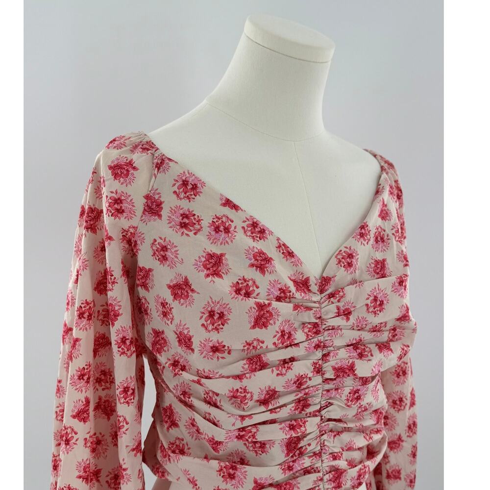 Zara Ivory Pink Floral Ruched Crop Top Long Sleeve Blouse Cottagecore L NWT